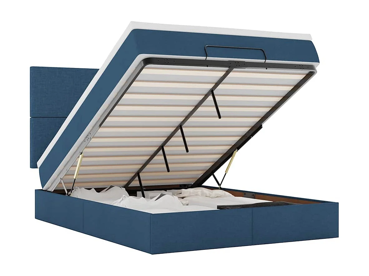 Estructura de cama otomana con colchón tela azul 140x190cm