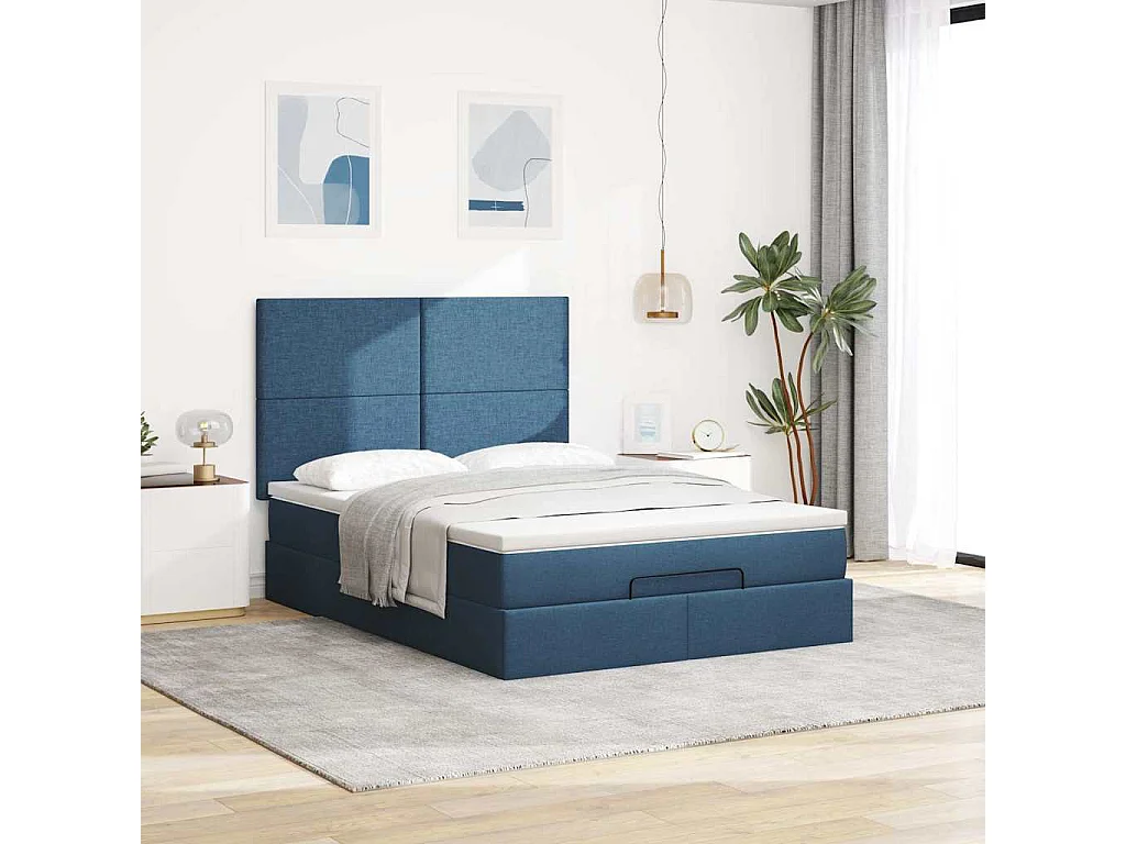 Estructura de cama otomana con colchón tela azul 140x190cm