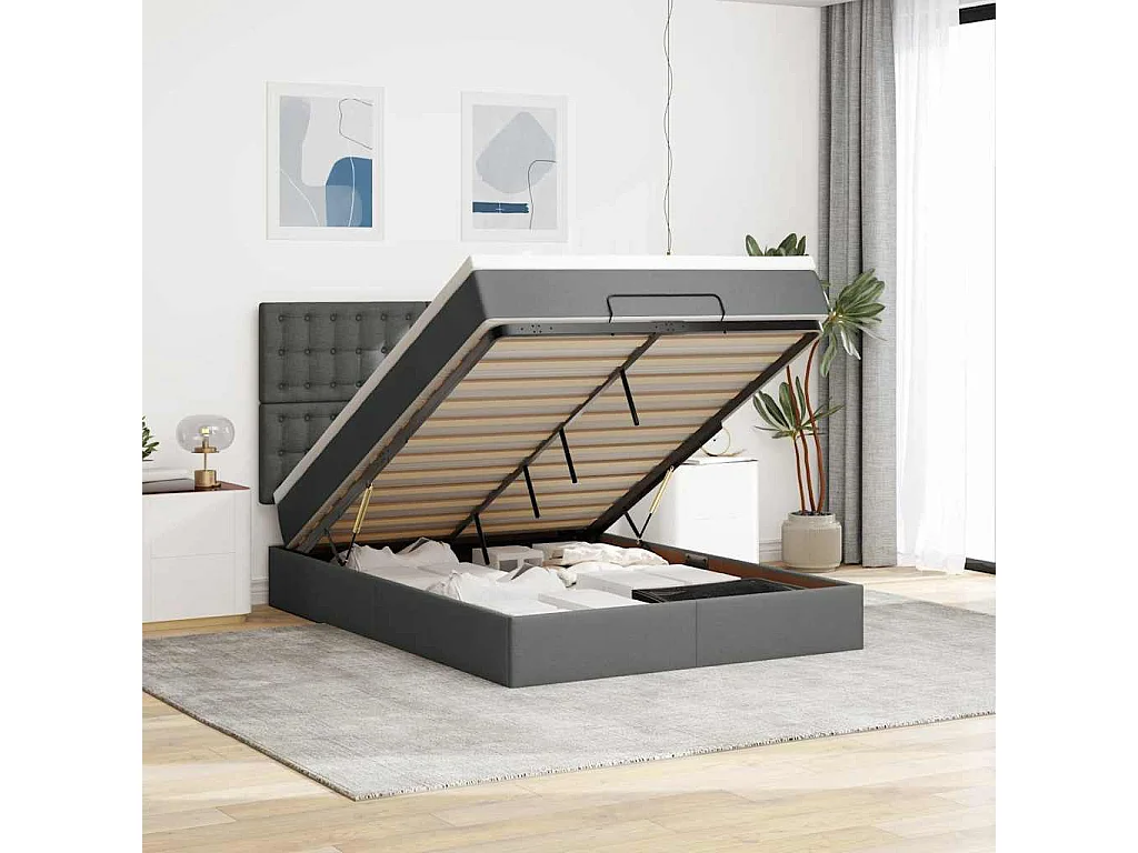 Cadre de lit ottoman avec matelas gris foncé 140x190 cm tissu