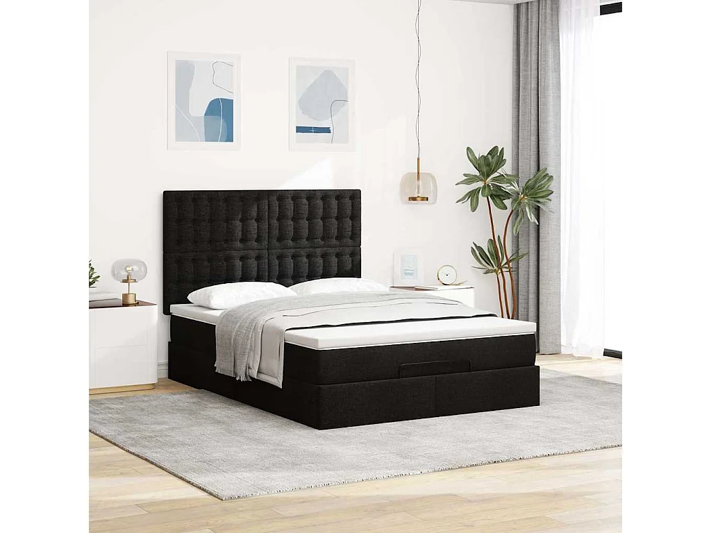 Cadre de lit ottoman avec matelas noir 140x190 cm tissu
