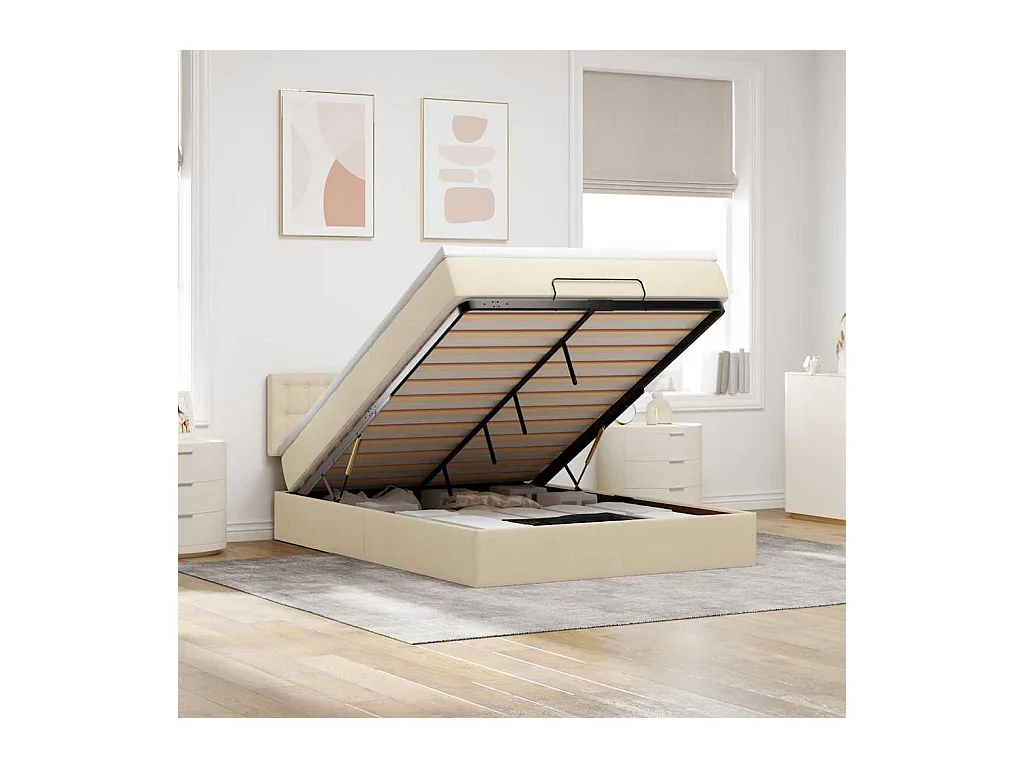 Estructura de cama otomana con colchón tela crema 140x190cm