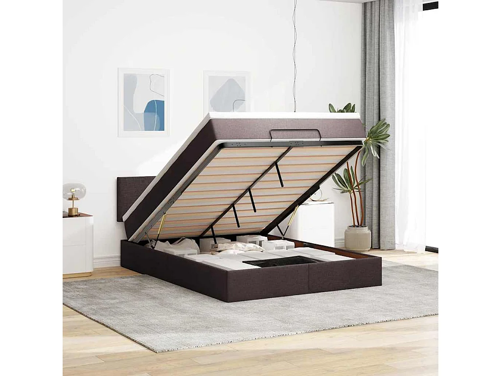 Estructura cama otomana colchón tela marrón oscuro 140x190cm