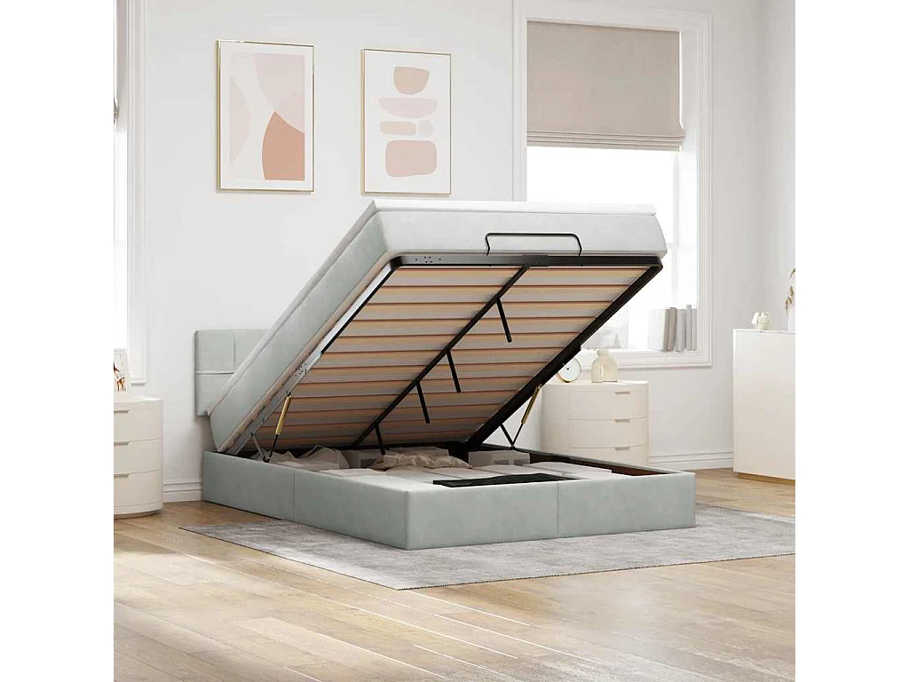 Estrutura de cama otomana com colchão 140x200 cm cinzento claro