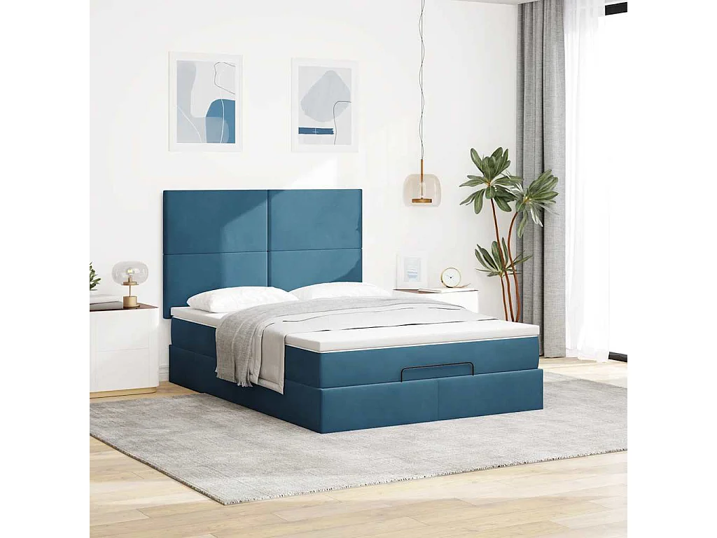 Cadre de lit ottoman avec matelas bleu foncé 140x190 cm velours