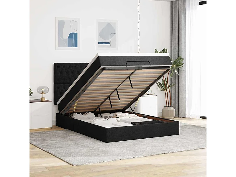 Cadre de lit ottoman avec matelas noir 140x190 cm tissu