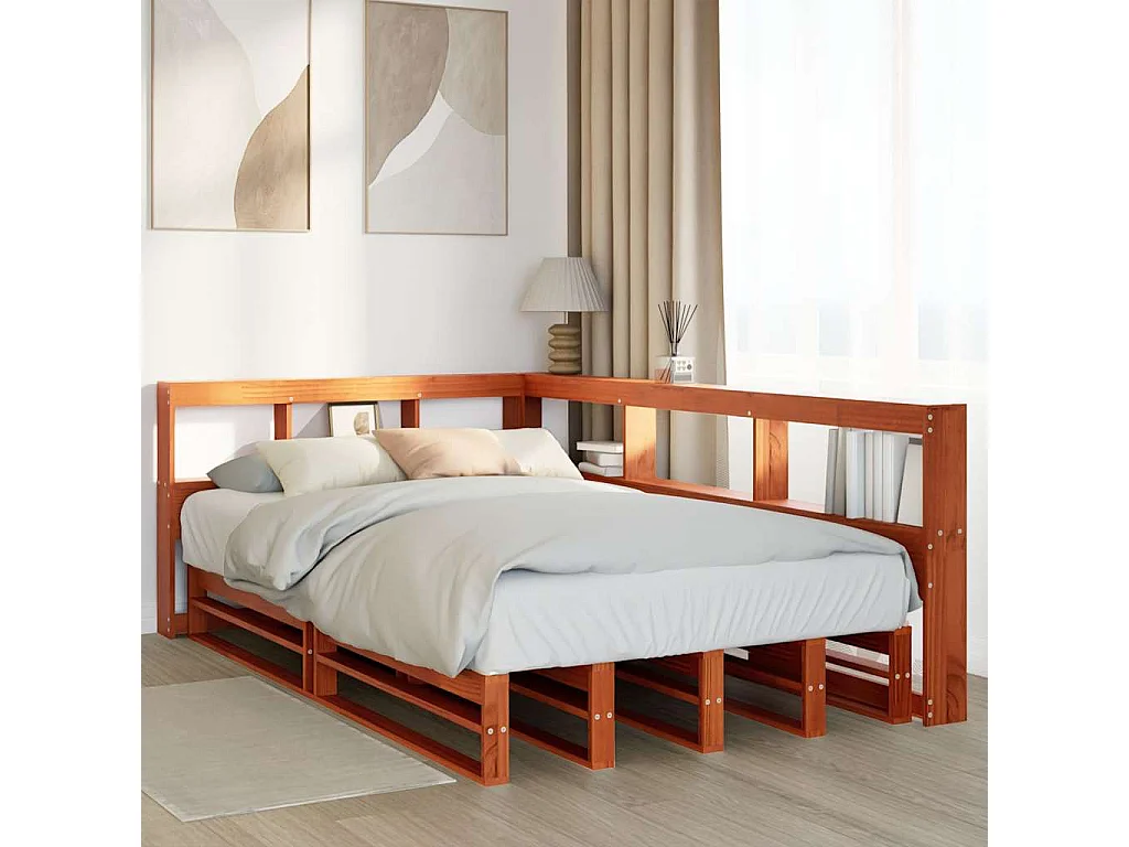 Cama com estante sem colchão 120x200cm pinho maciço castanho-mel