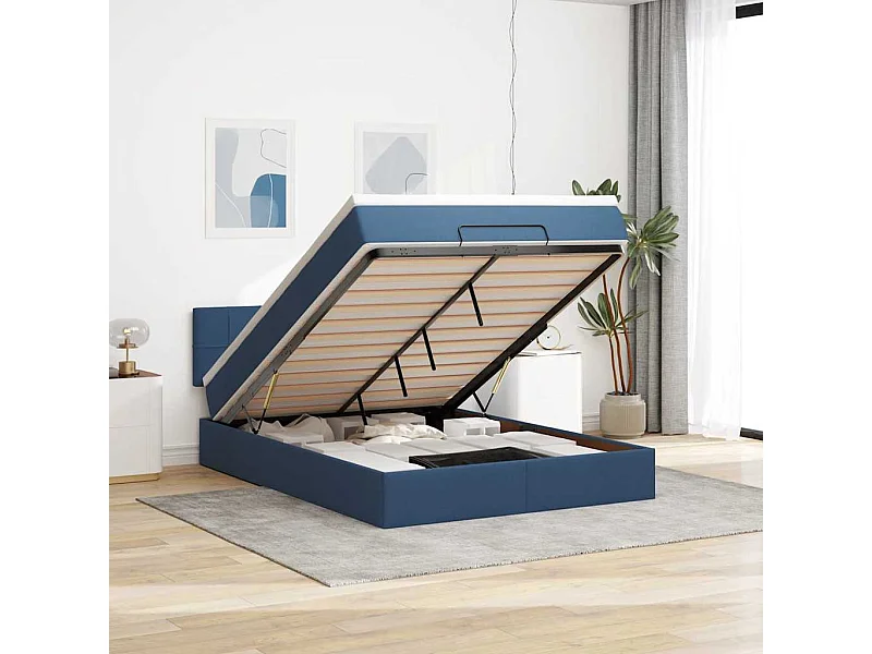 Cadre de lit ottoman avec matelas bleu 140x190 cm tissu