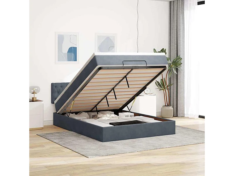 Cadre de lit ottoman avec matelas gris foncé 140x200 cm velours