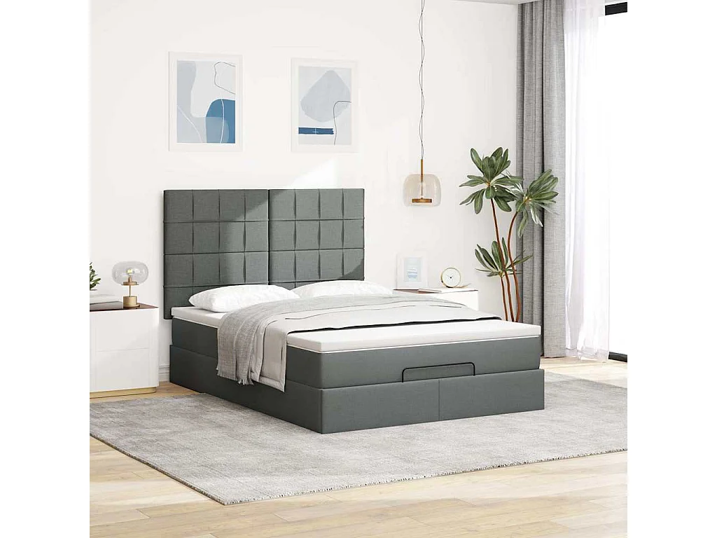 Cadre de lit ottoman avec matelas gris foncé 140x190 cm tissu