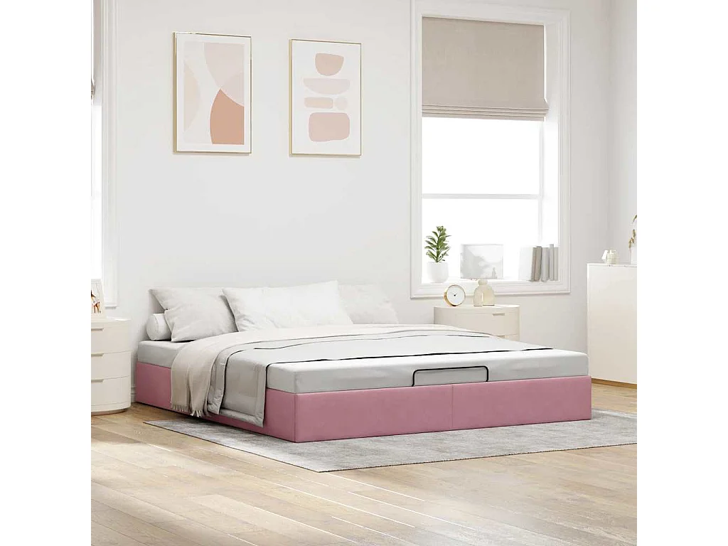 Estructura cama otomana sin colchón terciopelo rosa 160x200 cm