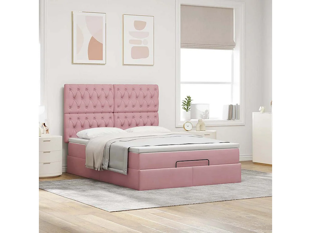 Cadre de lit ottoman avec matelas rose 140x200 cm velours
