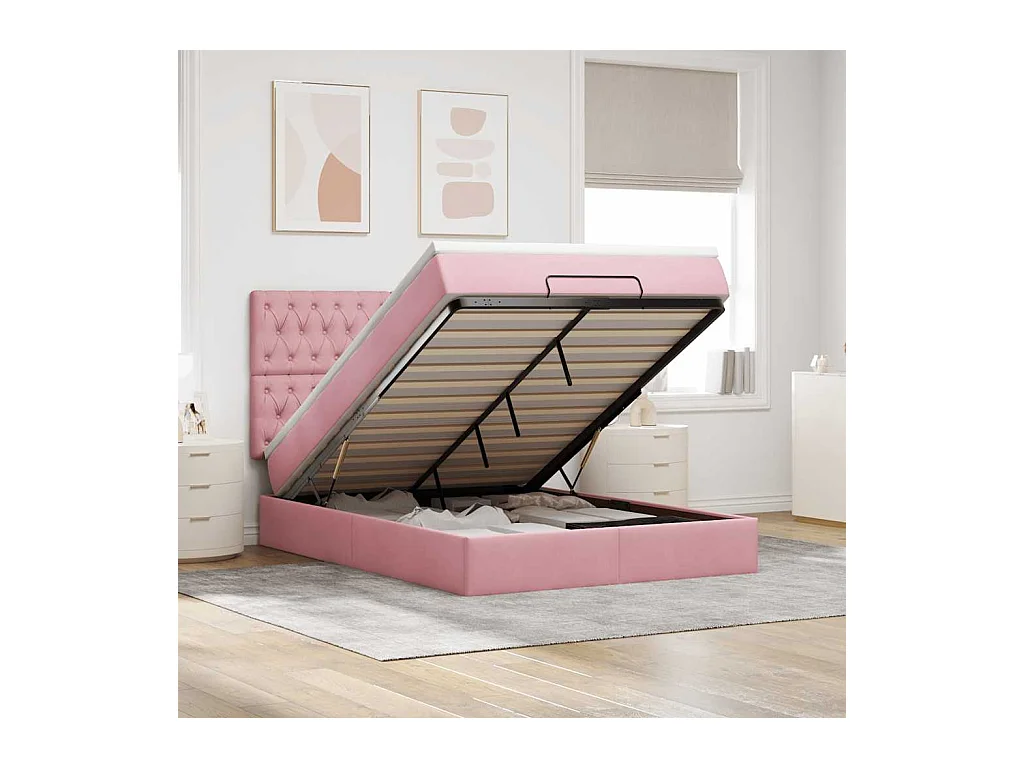 Cadre de lit ottoman avec matelas rose 140x200 cm velours