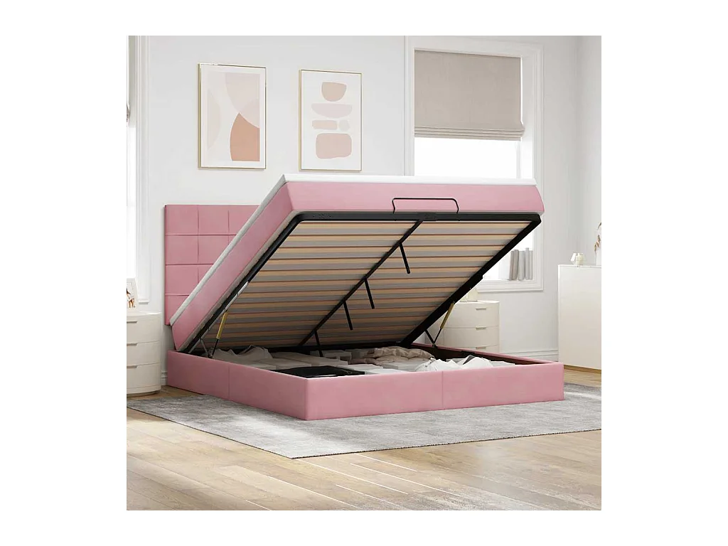 Cadre de lit ottoman avec matelas rose 160x200 cm velours