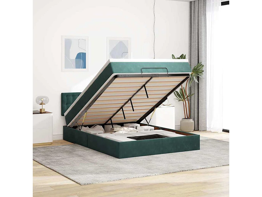 Estructura de cama otomana con colchón verde oscuro 140x200 cm
