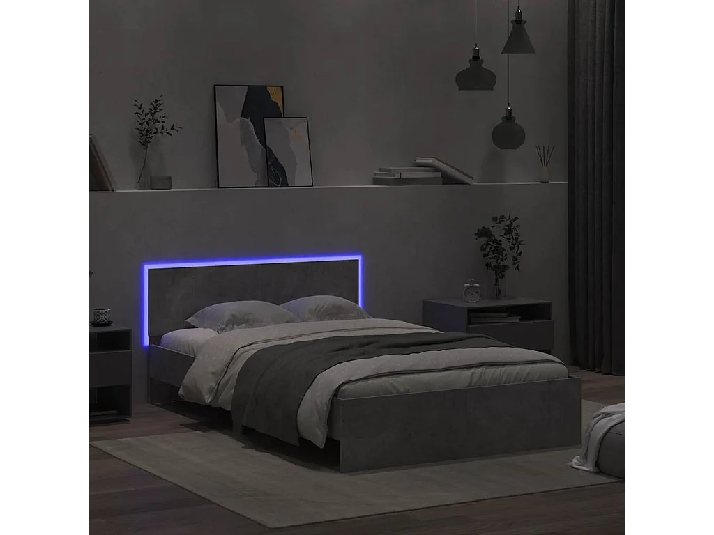 Estructura de cama cabecero y luces LED gris hormigón 120x190cm