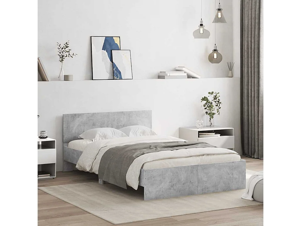 Estructura de cama cabecero y luces LED gris hormigón 120x190cm
