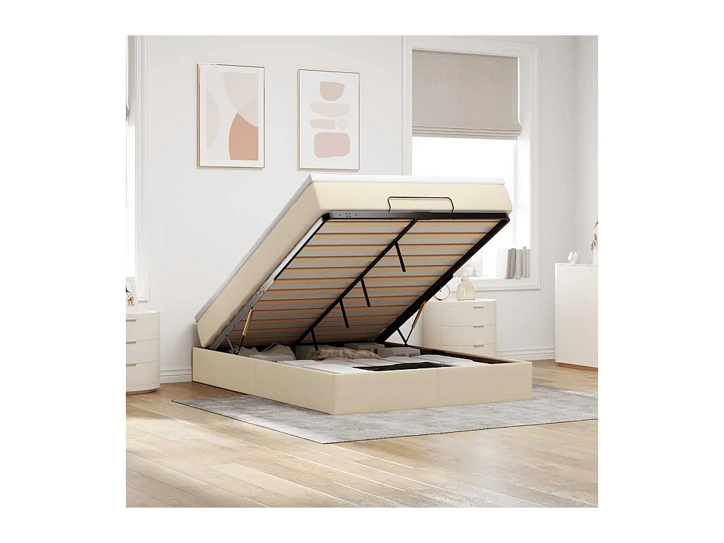 Estructura de cama otomana con colchón tela crema 140x190cm