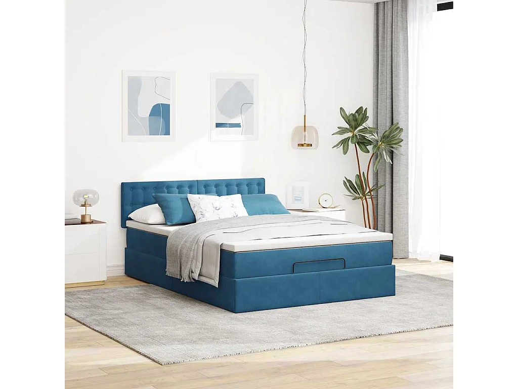 Cadre de lit ottoman avec matelas bleu foncé 140x190 cm velours