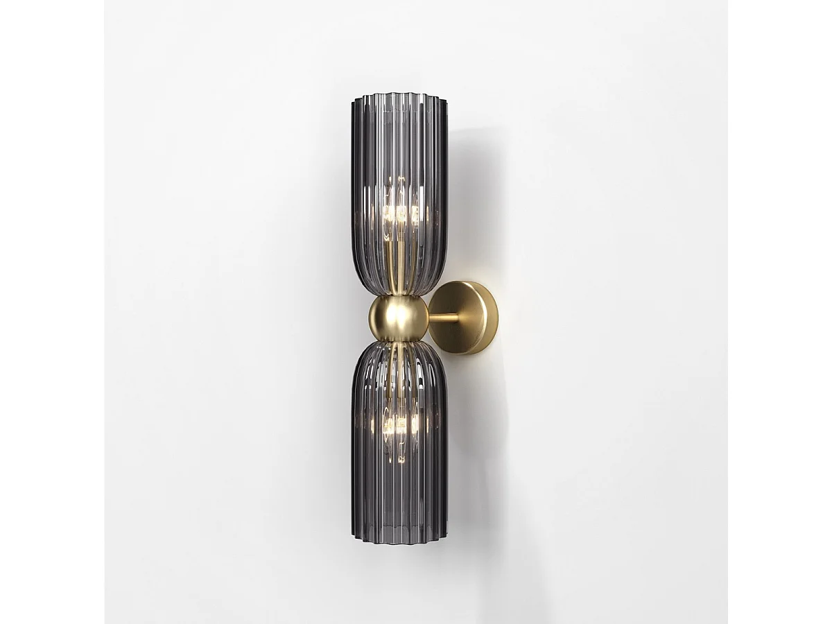 Maytoni Antic Lámpara de pared moderna con 2 luces hacia arriba y hacia abajo dorada, pantalla gris, E14