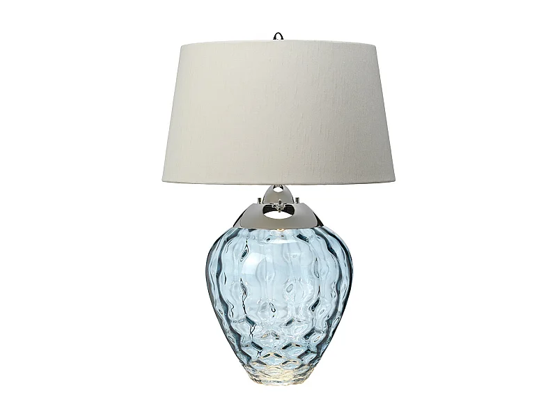 Samara Tischlampe aus Metall, poliertes Nickel, hellblaues Glas