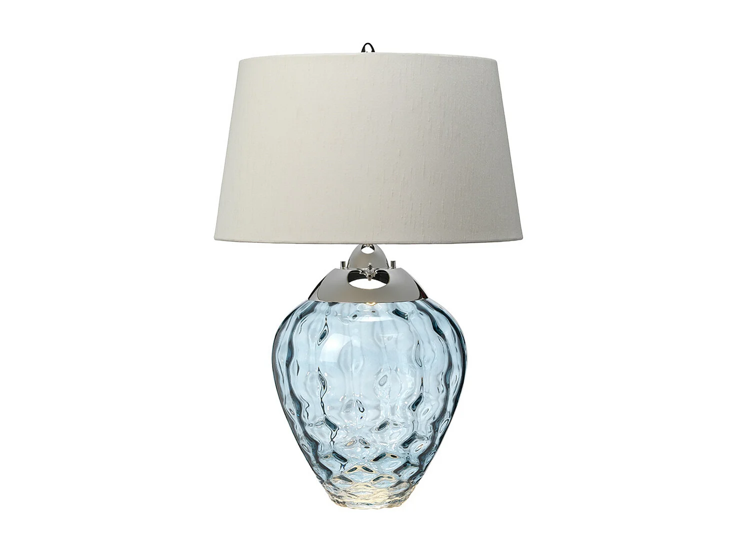 Samara Tischlampe aus Metall, poliertes Nickel, hellblaues Glas