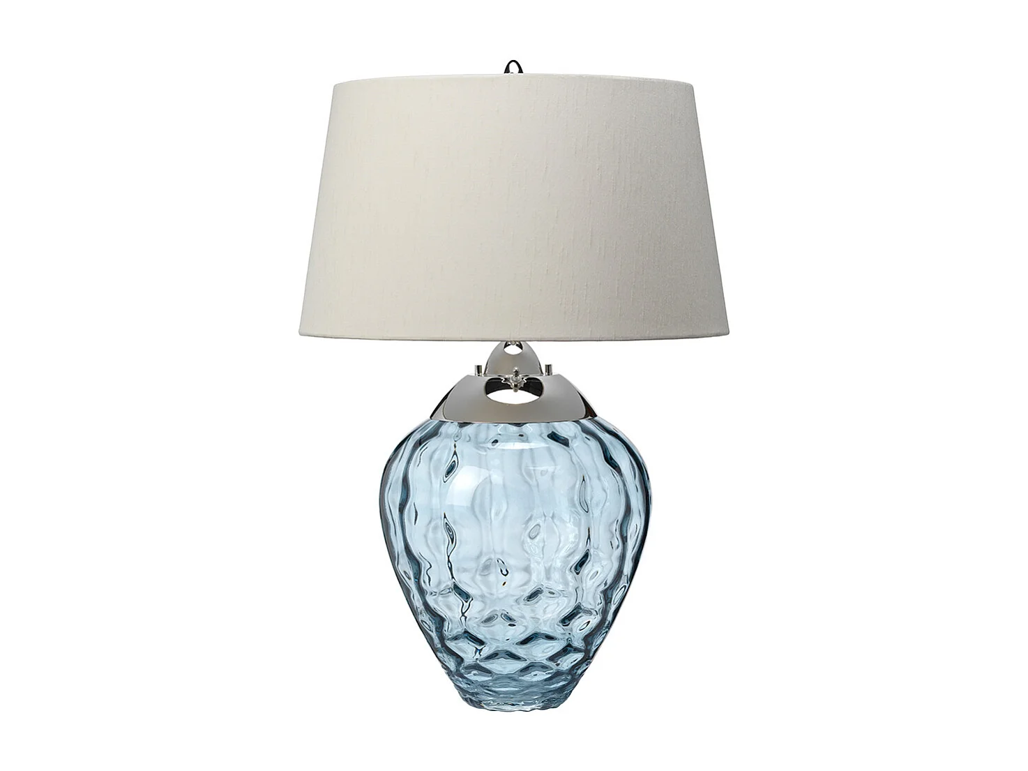 Samara Tischlampe aus Metall, poliertes Nickel, hellblaues Glas