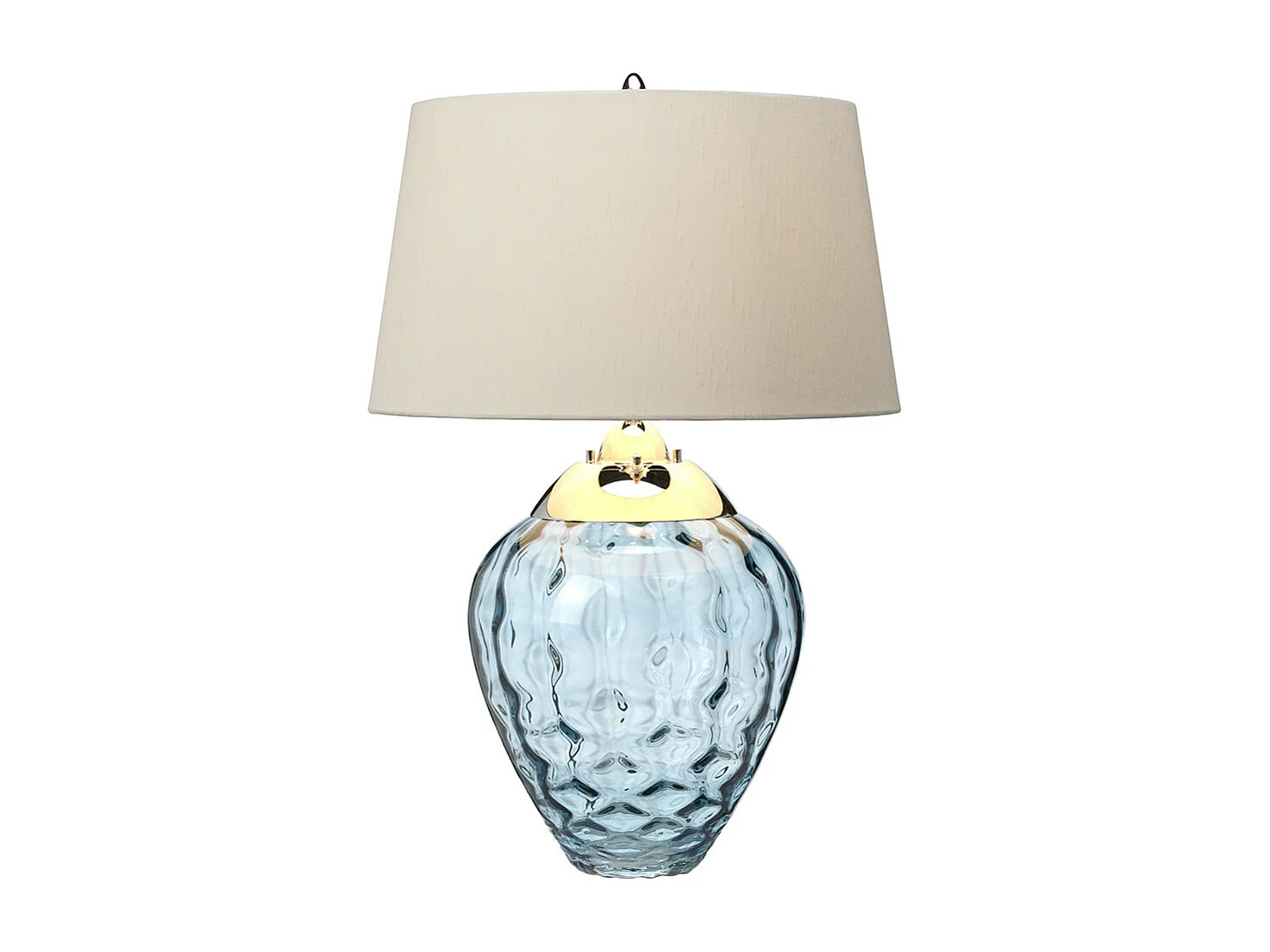 Samara Tischlampe aus Metall, poliertes Nickel, hellblaues Glas