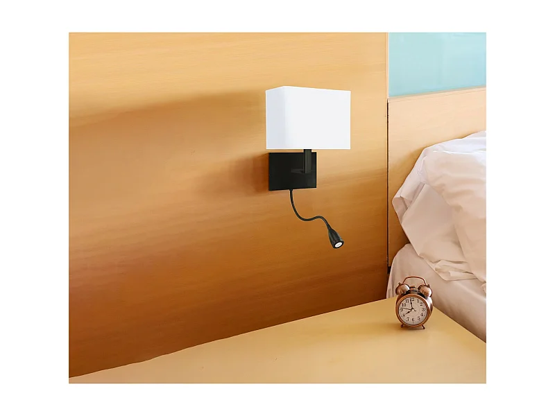 Searchlight Hotel Aplique de pared negro mate, pantalla de tela blanca con luz de lectura