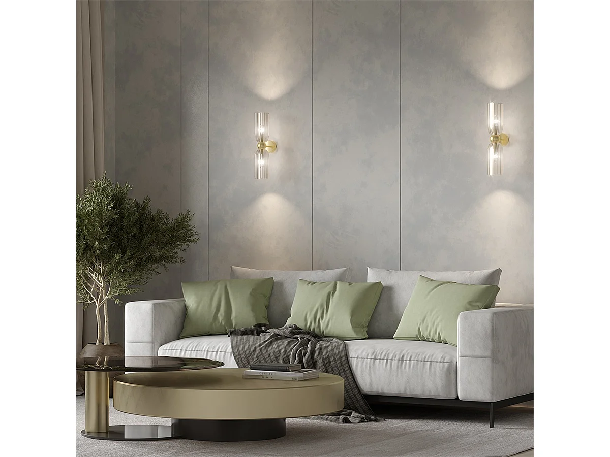 Maytoni Antic Moderne 2-flammige Up & Down Wandleuchte Gold, Cognac-Schirm, E14