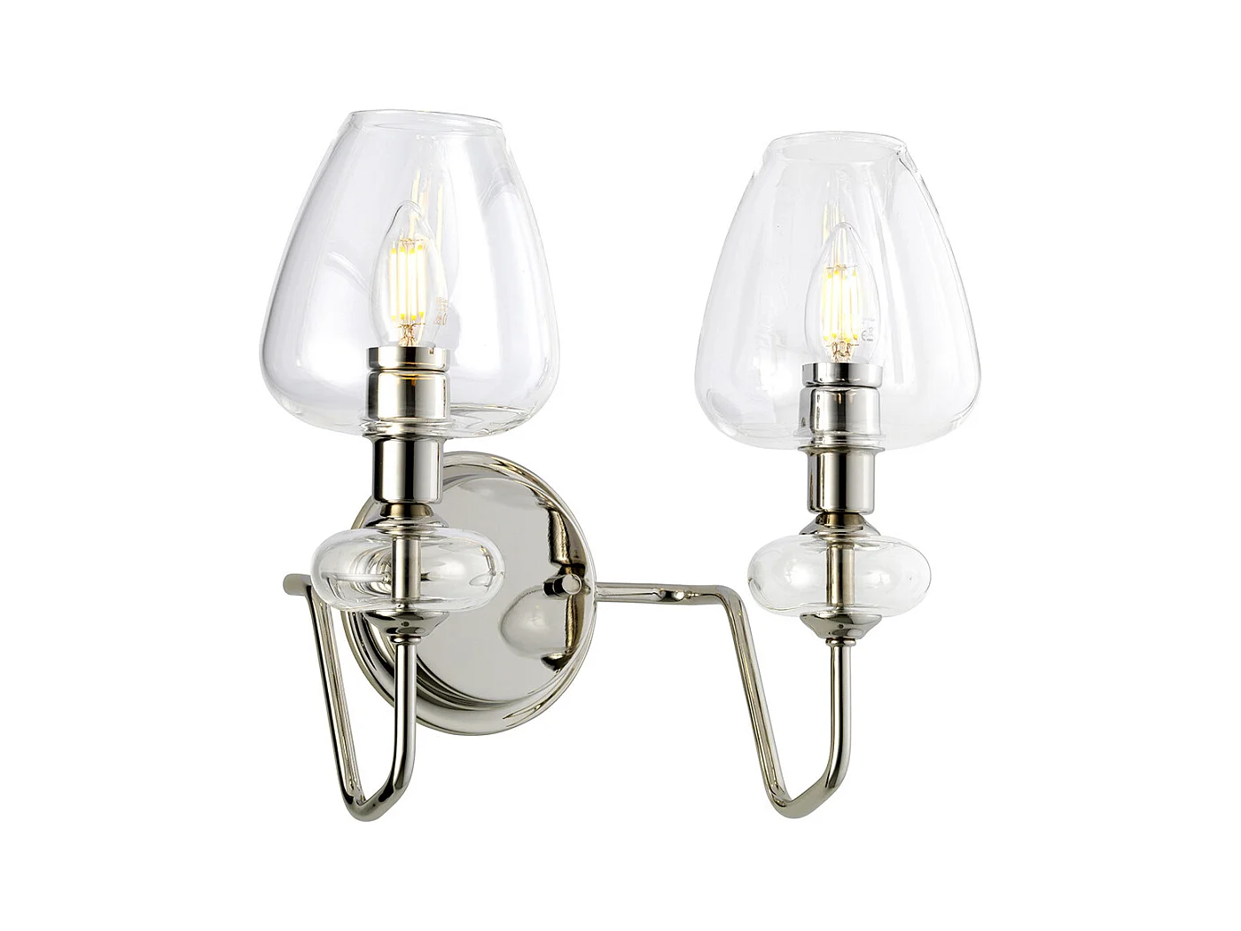 Armand 2 ljus vägglampa, polerad nickel, glasskärmar