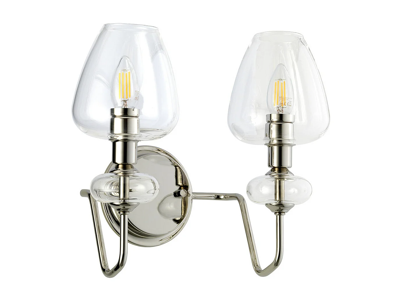 Applique murale à 2 ampoules Armand, nickel poli, abat-jour en verre