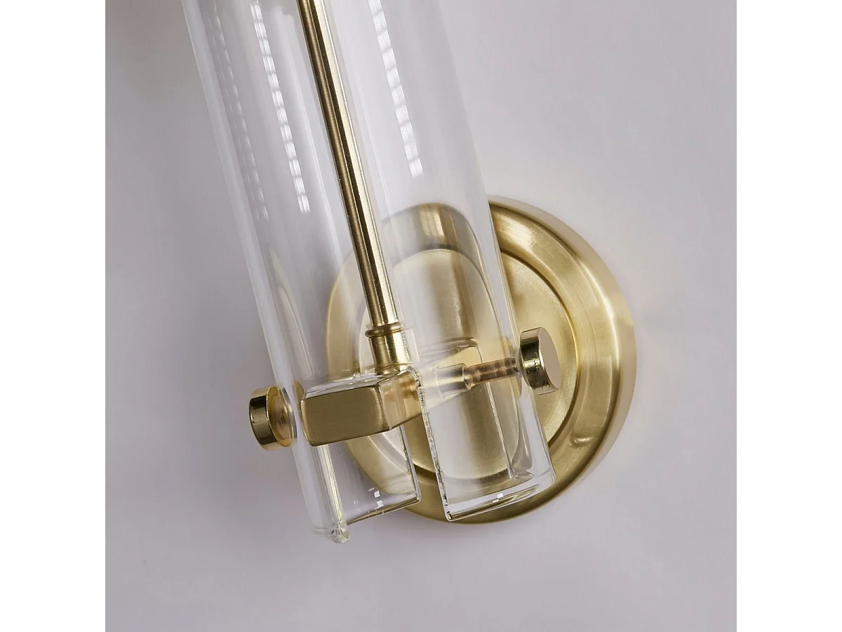 Searchlicht Scope Badezimmer-Wandleuchte aus satiniertem Messing, klares geätztes Glas