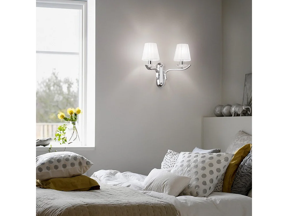 Ideal Lux Pegaso Applique murale d'intérieur à 2 ampoules, chrome, blanc avec abat-jours en organza, E14