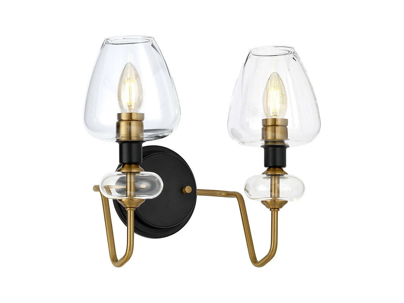 Applique a 2 luci Armand, ottone anticato, paralumi in vetro