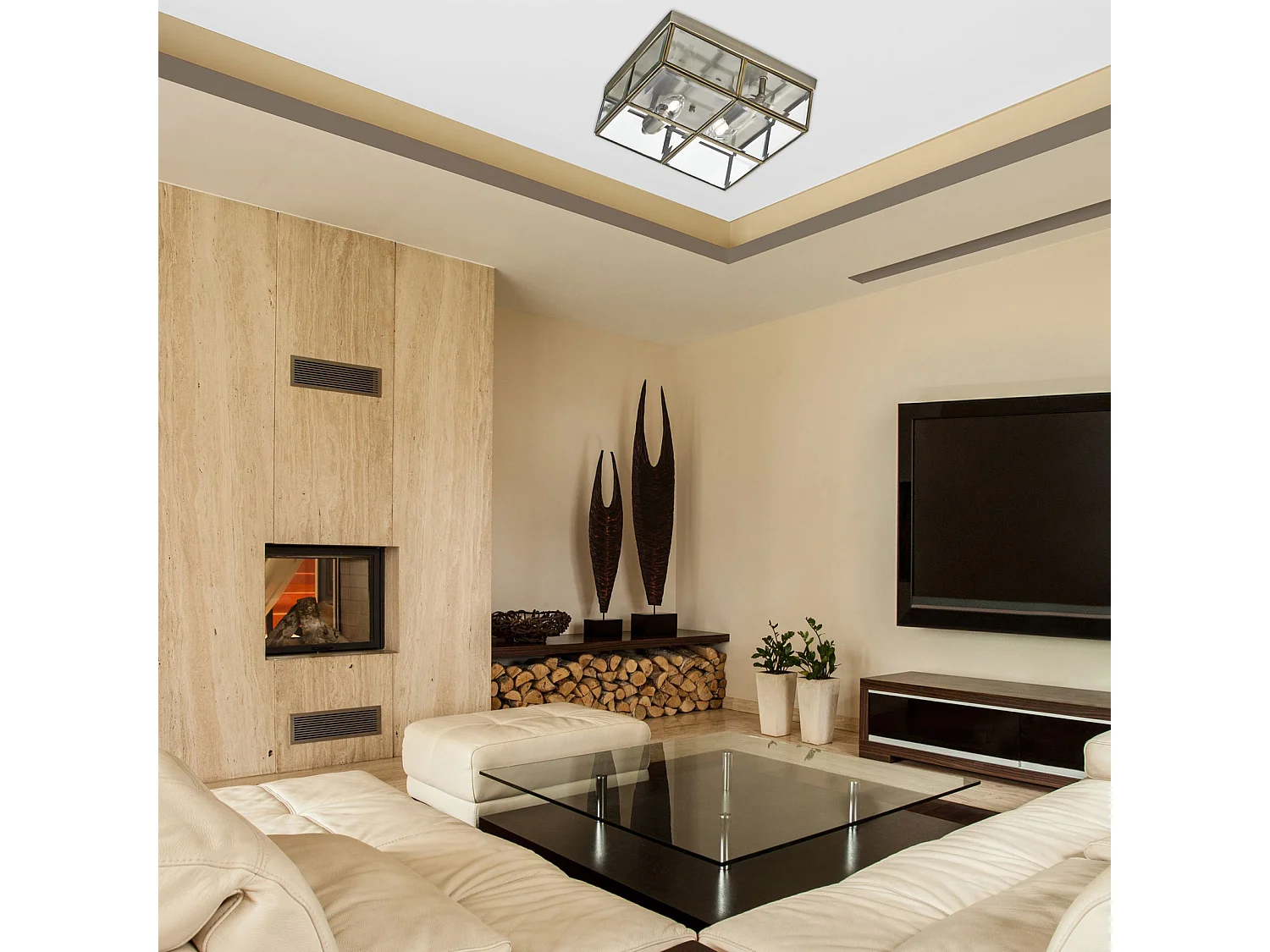 Plafoniera Contemporanea Pisa Acciaio Ottone Vetro 2 Luci E14