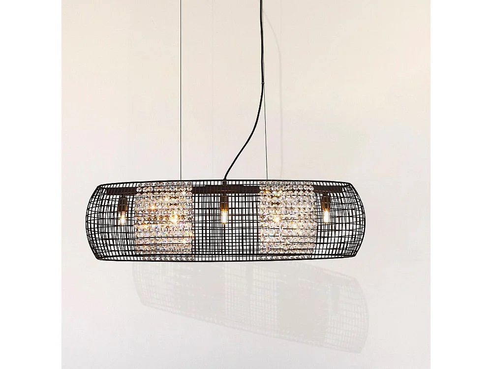 Searchlight CAGE - Sospensione ovale nera a 5 luci con pannelli in cristallo