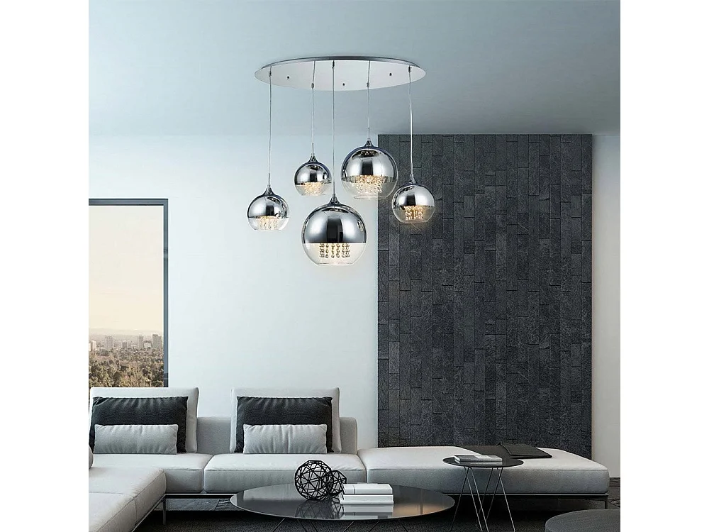 Fermi Cluster-Deckenpendelleuchte Nickel & Kristall, 5-flammig, E27