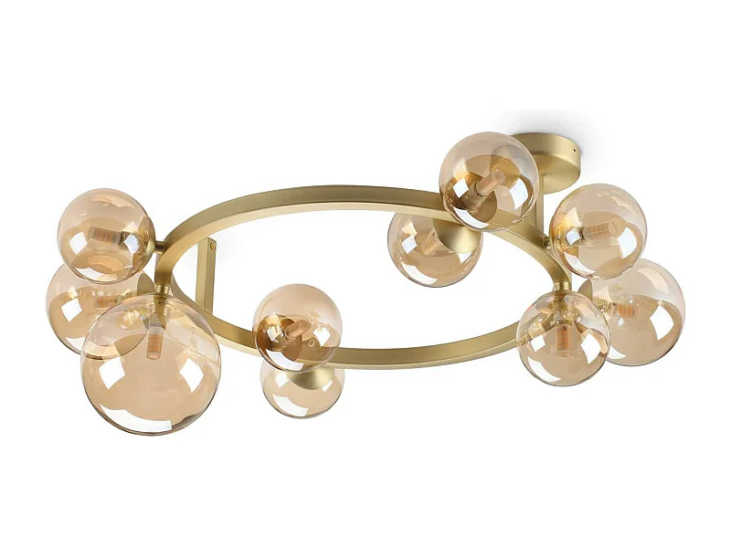 Ideal Lux PERLAGE Plafonnier globe à 10 lumières en laiton, abat-jour en verre ambré