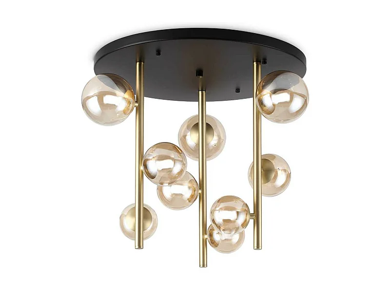 Ideal Lux PERLAGE Plafonnier globe à 9 ampoules en laiton et abat-jour en verre ambré