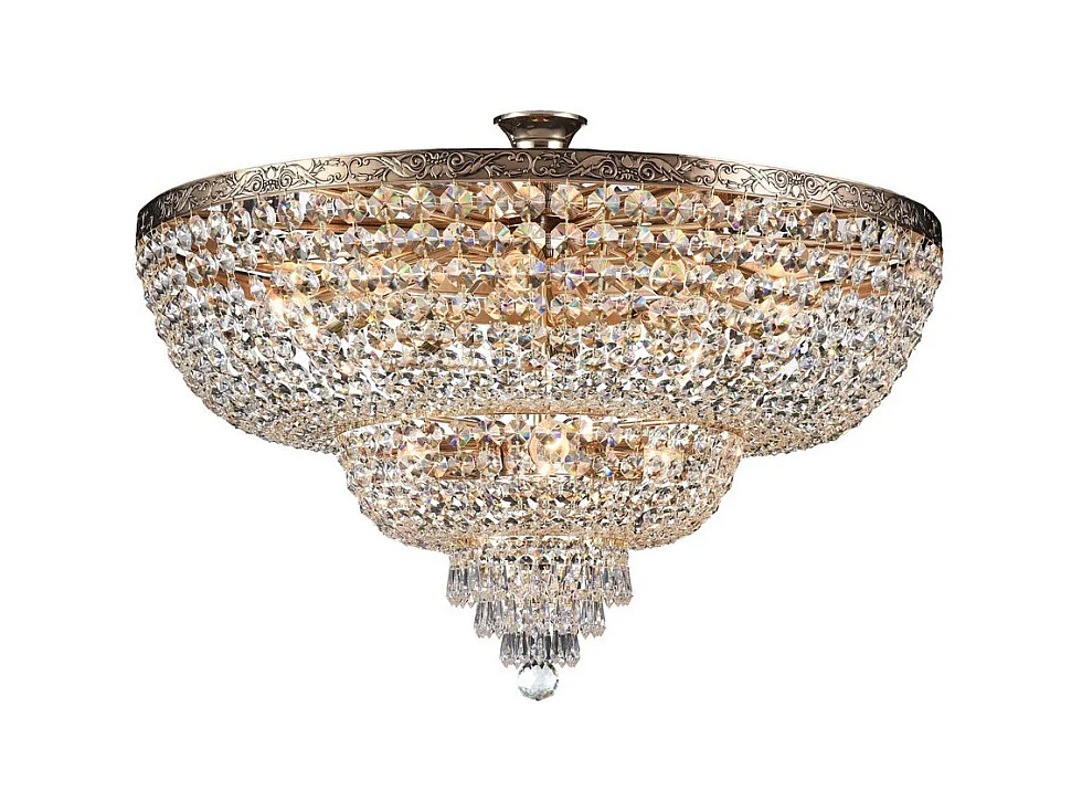 Palace Plafonnier semi-encastré doré antique et cristal, 14 lumières, E27