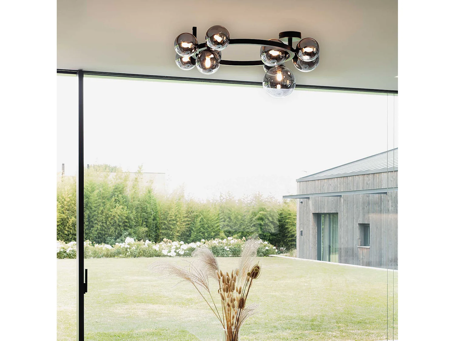 Ideal Lux PERLAGE Plafoniera Globe a 10 luci nera, paralume grigio fumo