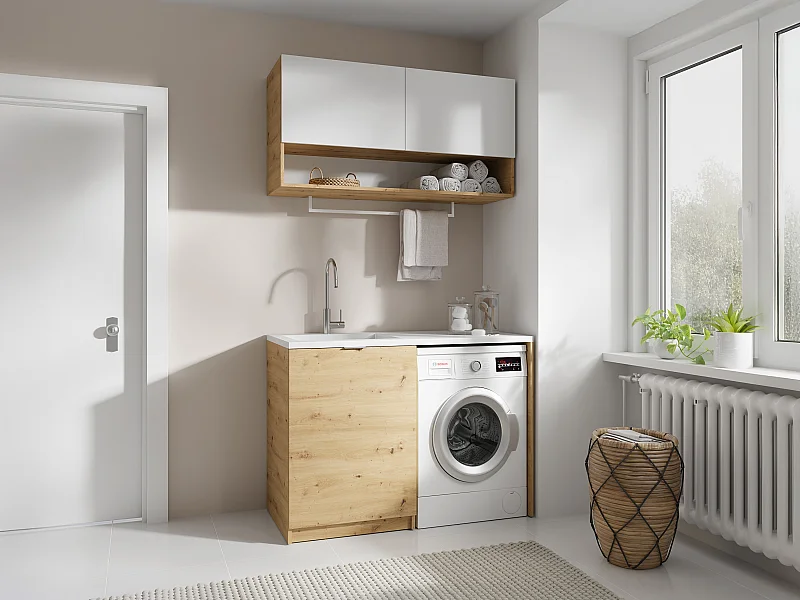 Meubles de buanderie pour machine à laver avec plan de travail - L122 cm -  Blanc et naturel clair - NATAJI