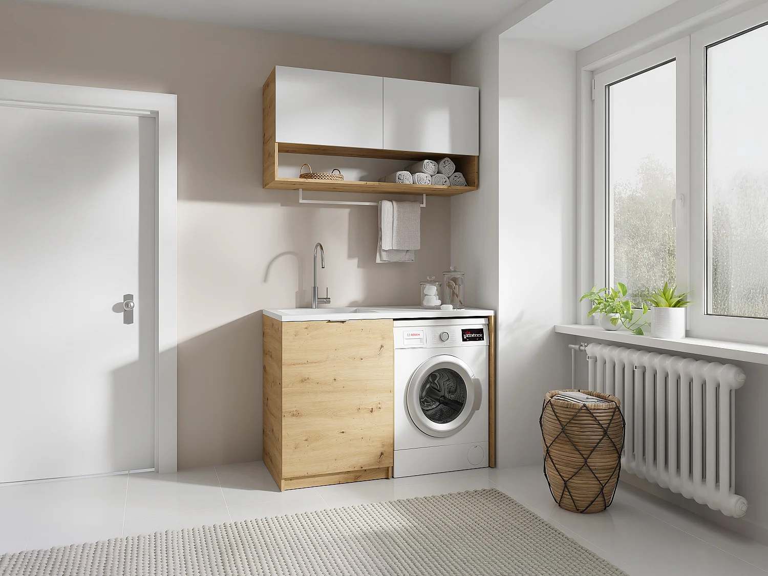 Meubles de buanderie pour machine à laver avec plan de travail - L122 cm -  Blanc et naturel clair - NATAJI