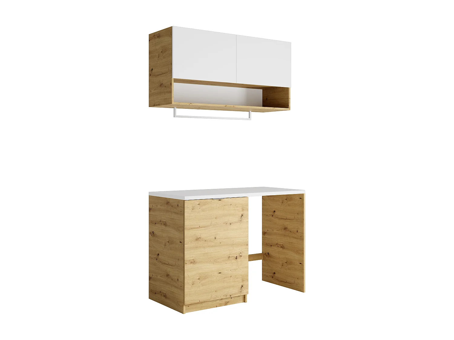 Meubles de buanderie pour machine à laver avec plan de travail - L122 cm -  Blanc et naturel clair - NATAJI