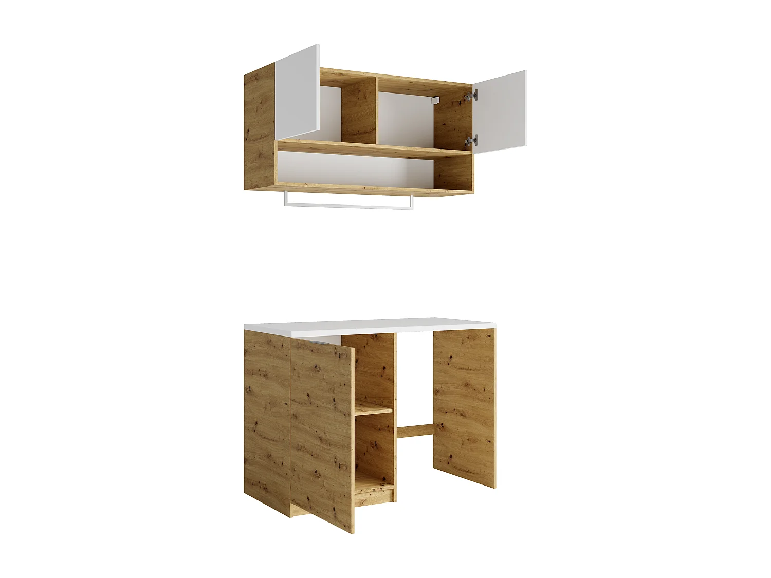 Meubles de buanderie pour machine à laver avec plan de travail - L122 cm -  Blanc et naturel clair - NATAJI