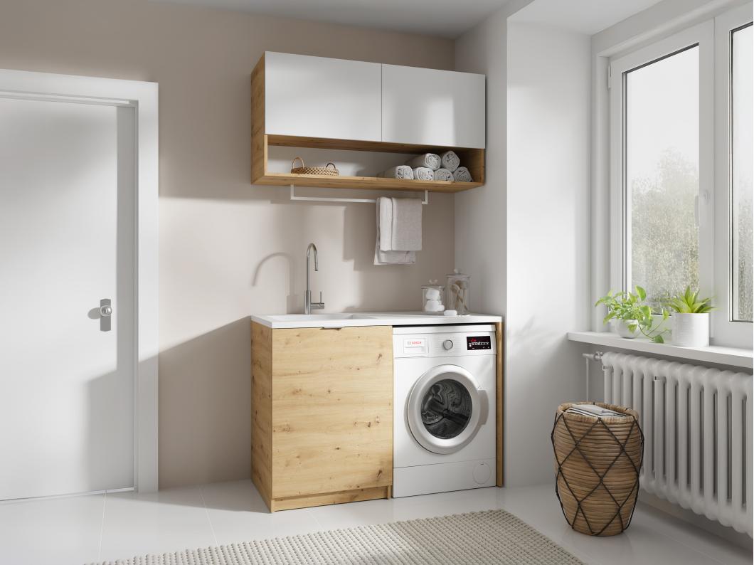Móveis de lavandaria para máquina de lavar com bancada C122 cm, branco e natural claro - NATAJI