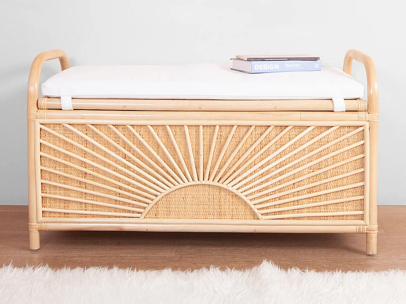 Banc coffre en rotin tressé avec coussin - L.91 x P. 43 x H. 51 cm - Naturel - SOLEYA