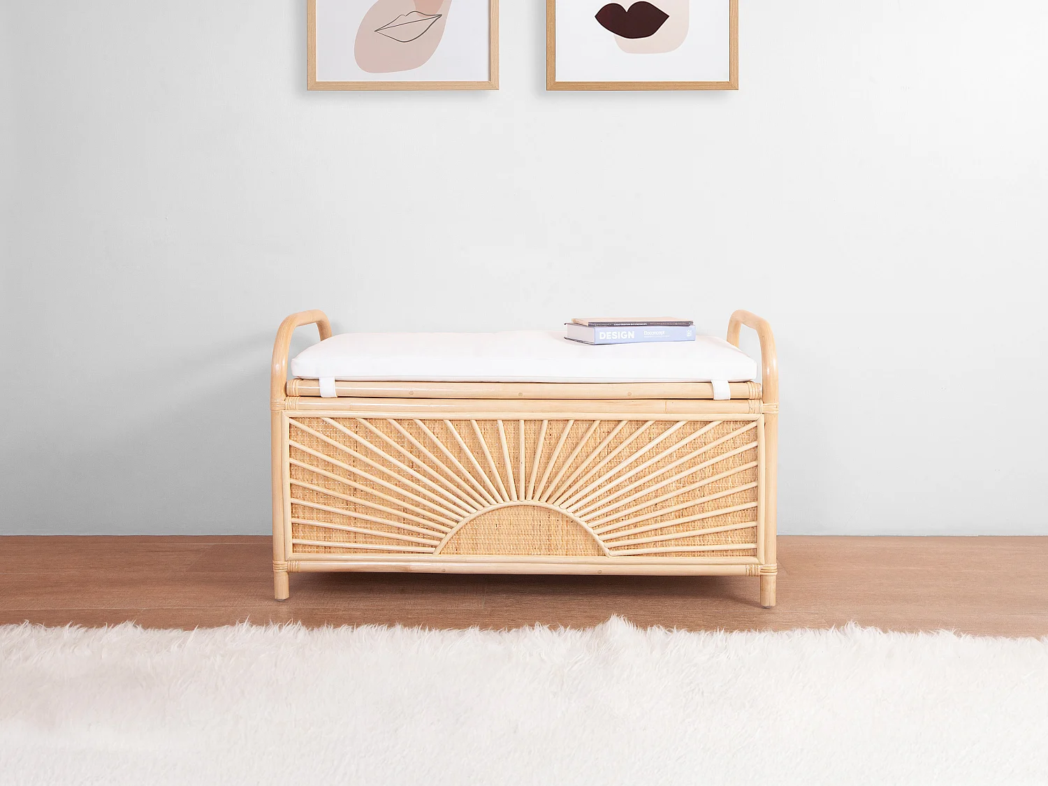 Banc coffre en rotin tressé avec coussin - L.91 x P. 43 x H. 51 cm - Naturel - SOLEYA