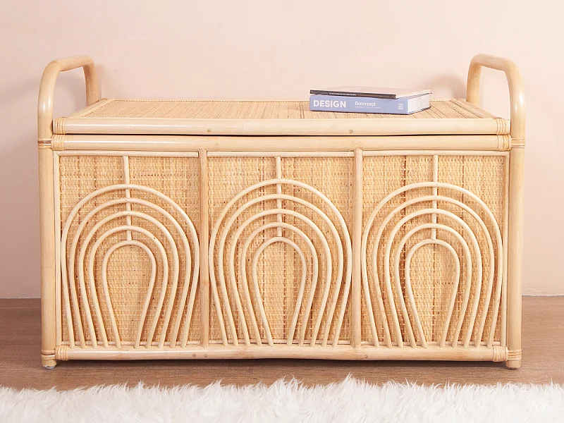 Coffre de rangement en rotin tressé - L.91 x P. 48 x H. 58 cm - Naturel - LUMORA