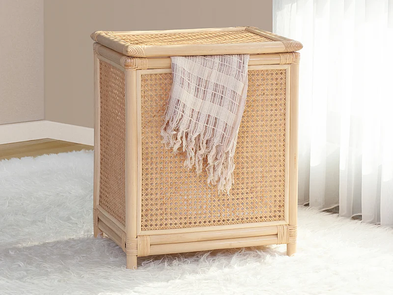 Cesto de ropa de mimbre con acabado en rejilla con tapa - An. 45 x P. 33 x Al. 56 cm - Natural - CALYMA